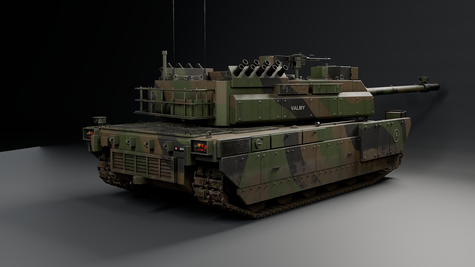 Rendu studio du char Leclerc vu de l'arrière trois quarts