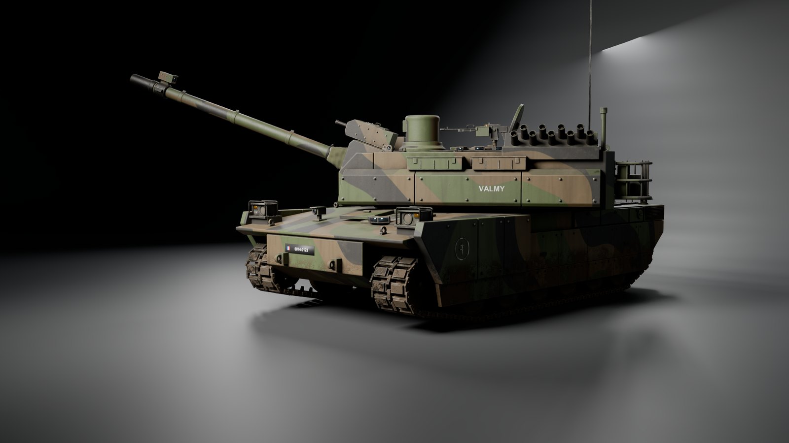Le char avec la tourelle tournée et le canon levé à 20 degrés, trappes ouvertes