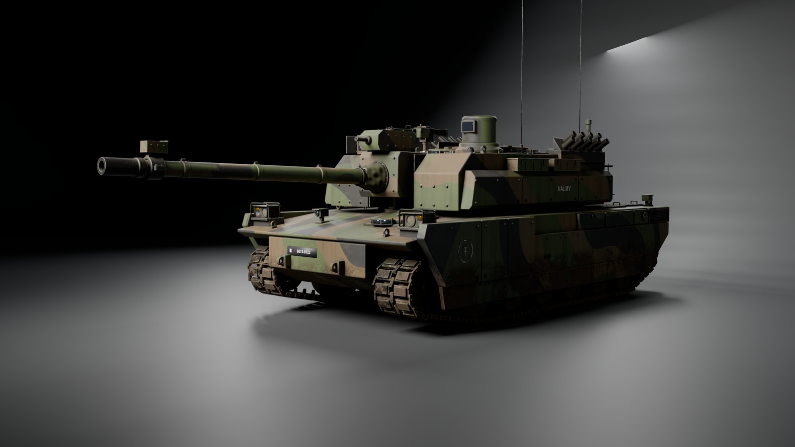 Rendu studio du char Leclerc Série 2 en camouflage centre-Europe, vue avant trois quarts