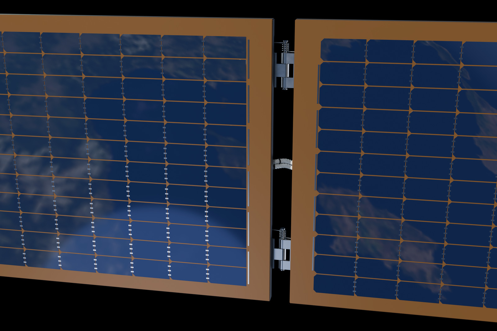 Aile solaire : cellules qui reflètent la Terre et ses nuages, charnières entre les panneaux