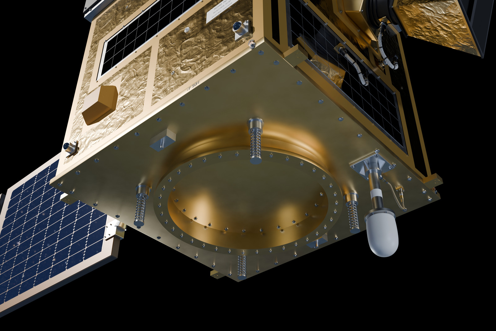 Dessous du satellite : anneau d'interface lanceur, ressorts de séparation, antenne bande S