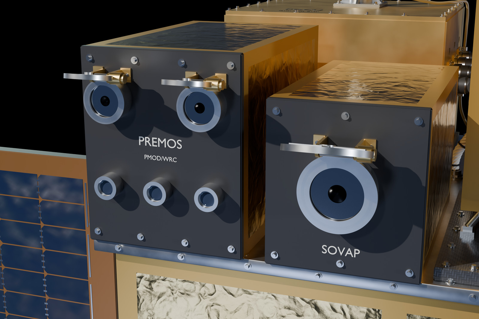 Gros plan des radiomètres PREMOS et SOVAP : diaphragmes polis, cavités noires, volets