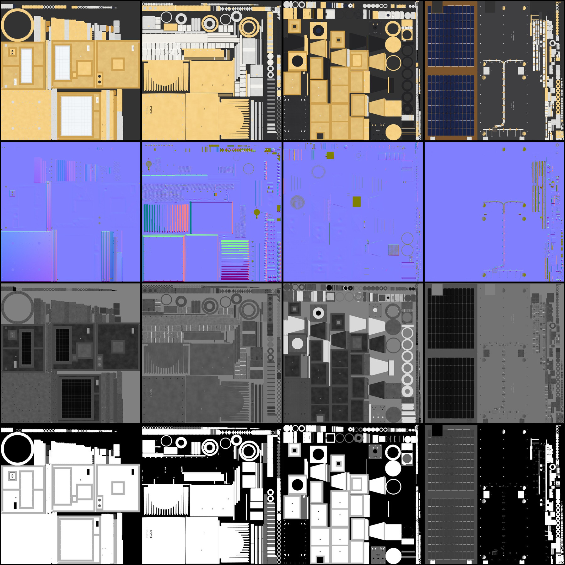 Planche des textures bakées : couleur, normales, rugosité et métal, pour les quatre texture sets