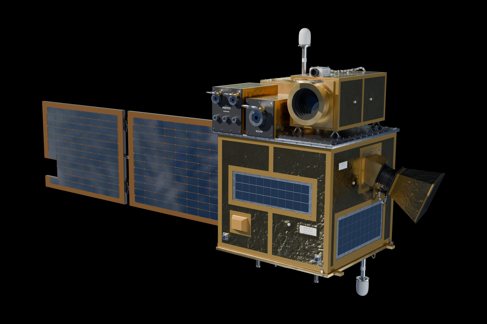 Rendu du satellite Picard : corps couvert de couverture thermique dorée, aile solaire de deux panneaux, instruments sur le pont supérieur