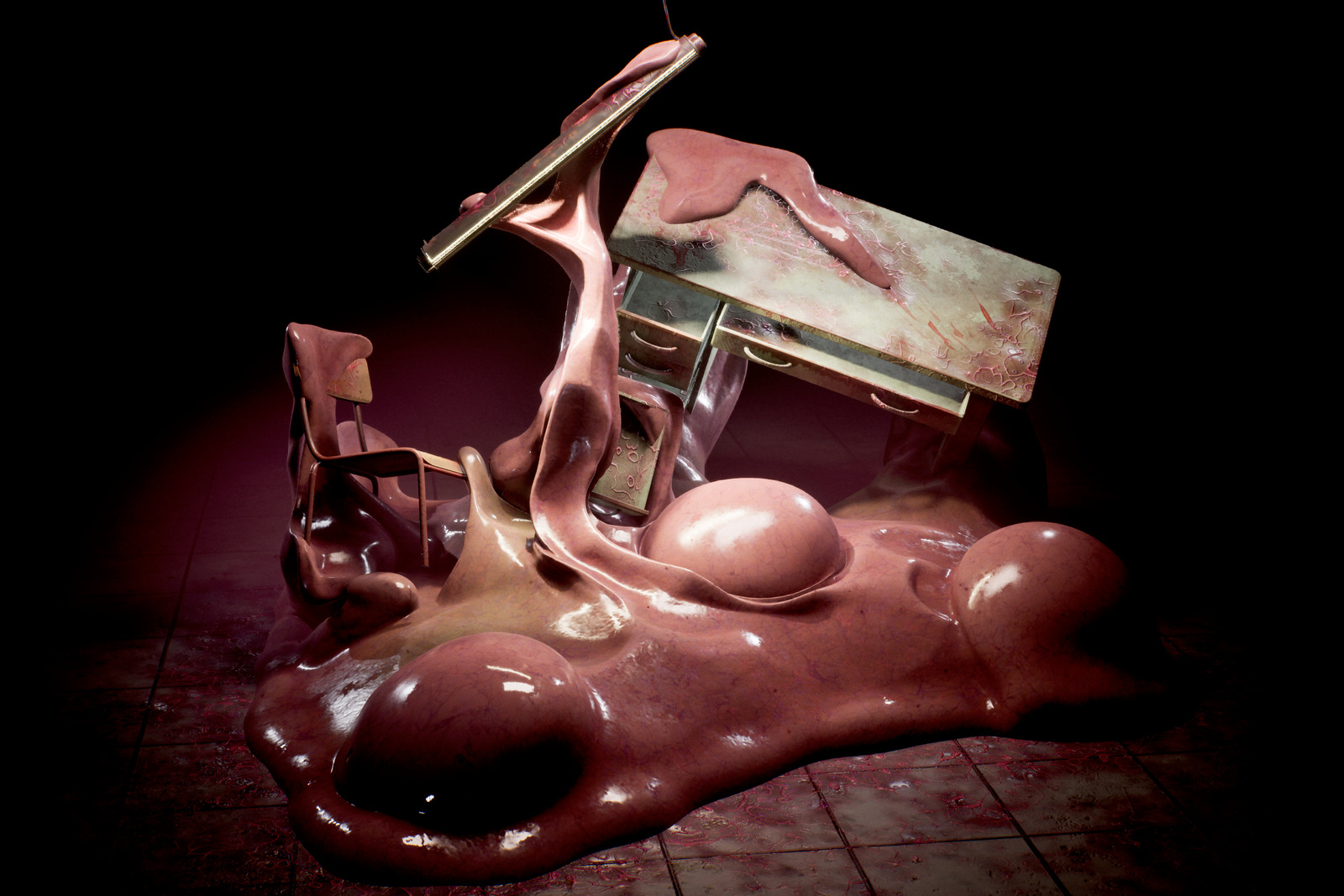 Rendu Unreal Engine 5 : une masse organique engloutit le bureau et la chaise d'une pièce abandonnée, sous un néon